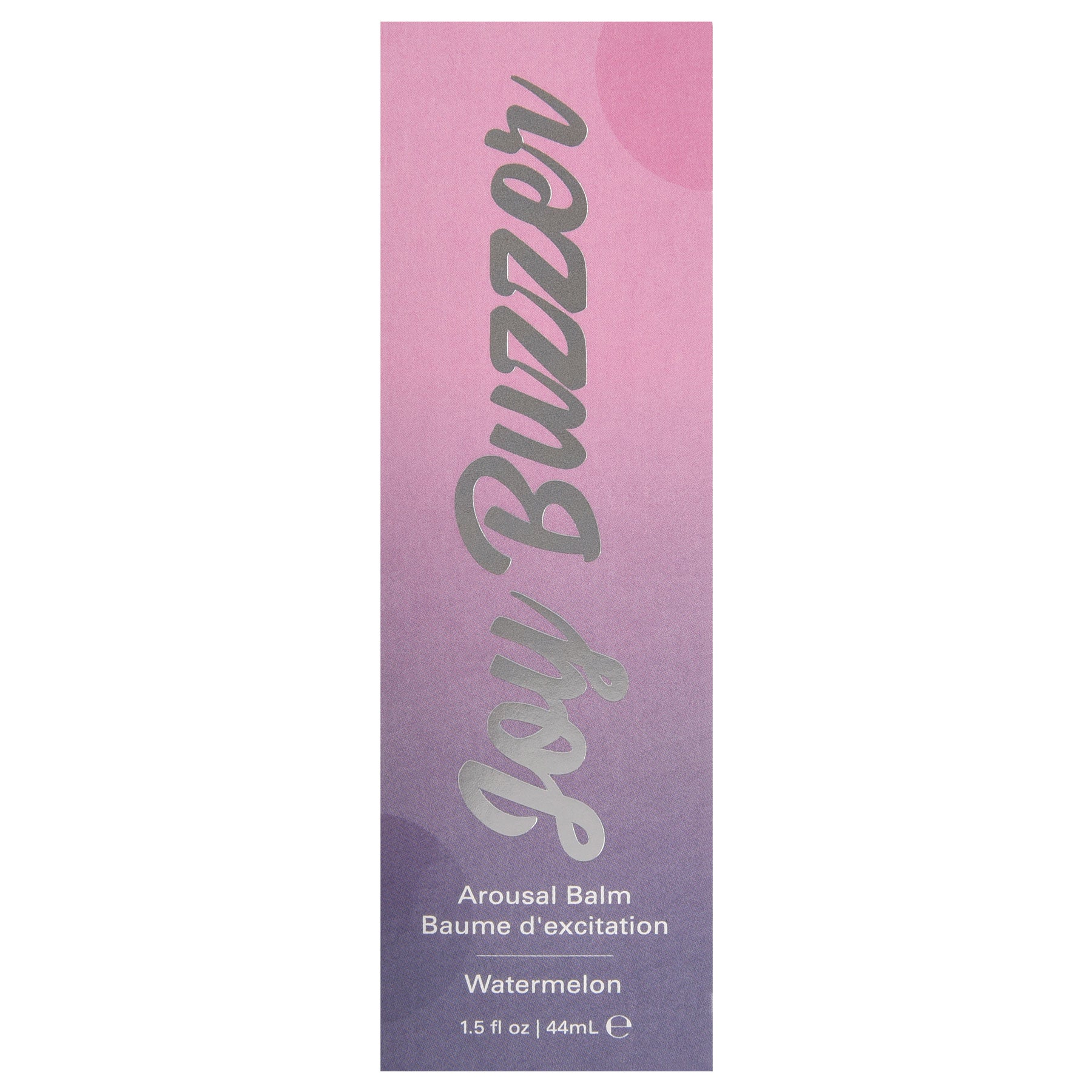 Joy Buzzer Arousal Balm Watermelon 1.5 Oz packaging with colorful gradient design and product details.