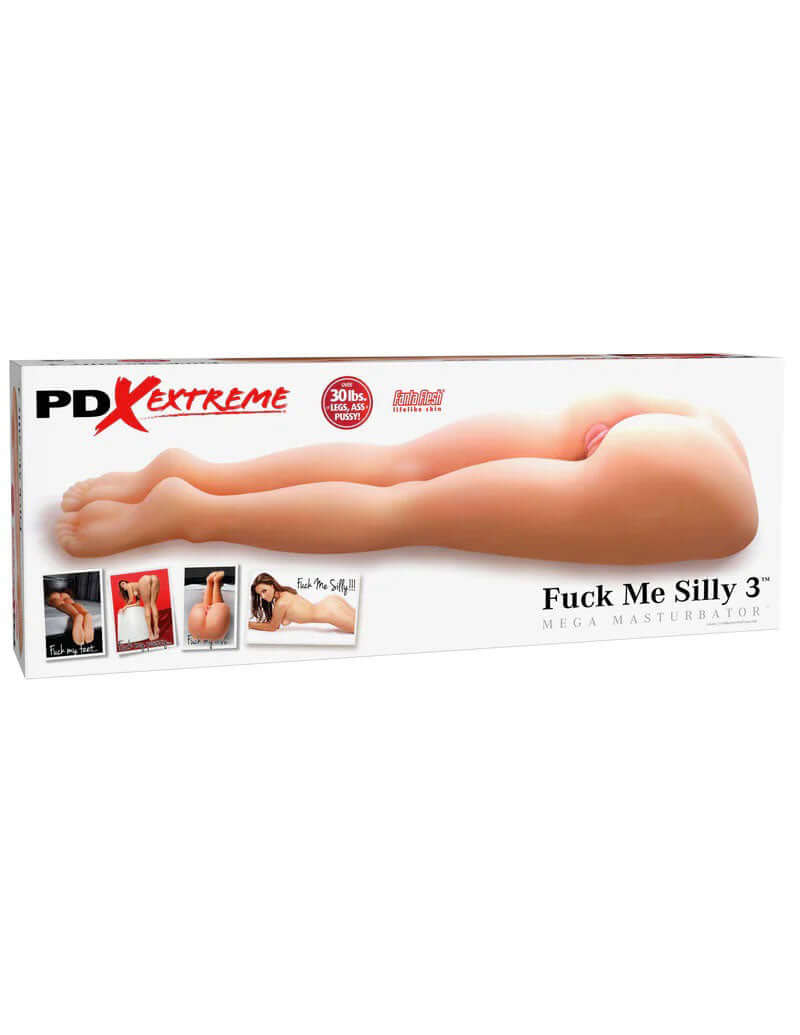 Pipedream Extreme Fuck Me Silly 3 Mega Masturbator packaging showcasing realistic design and features.