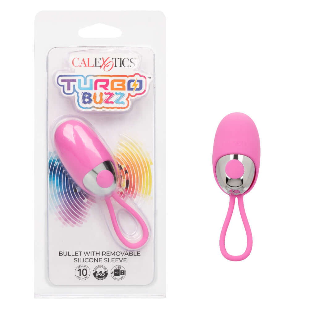 Turbo Buzz Bullet Vibrator with Removable Pink Silicone Sleeve in Packaging.