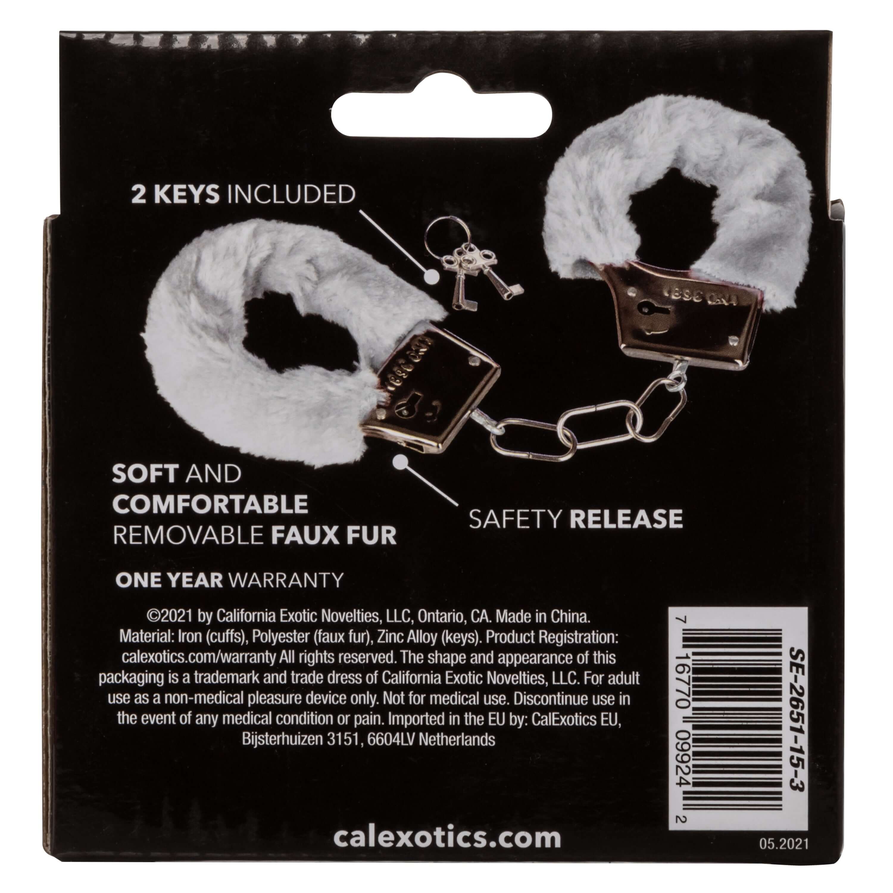 Playful Furry Cuffs White with soft faux fur, metal construction, and safety release for light bondage play.