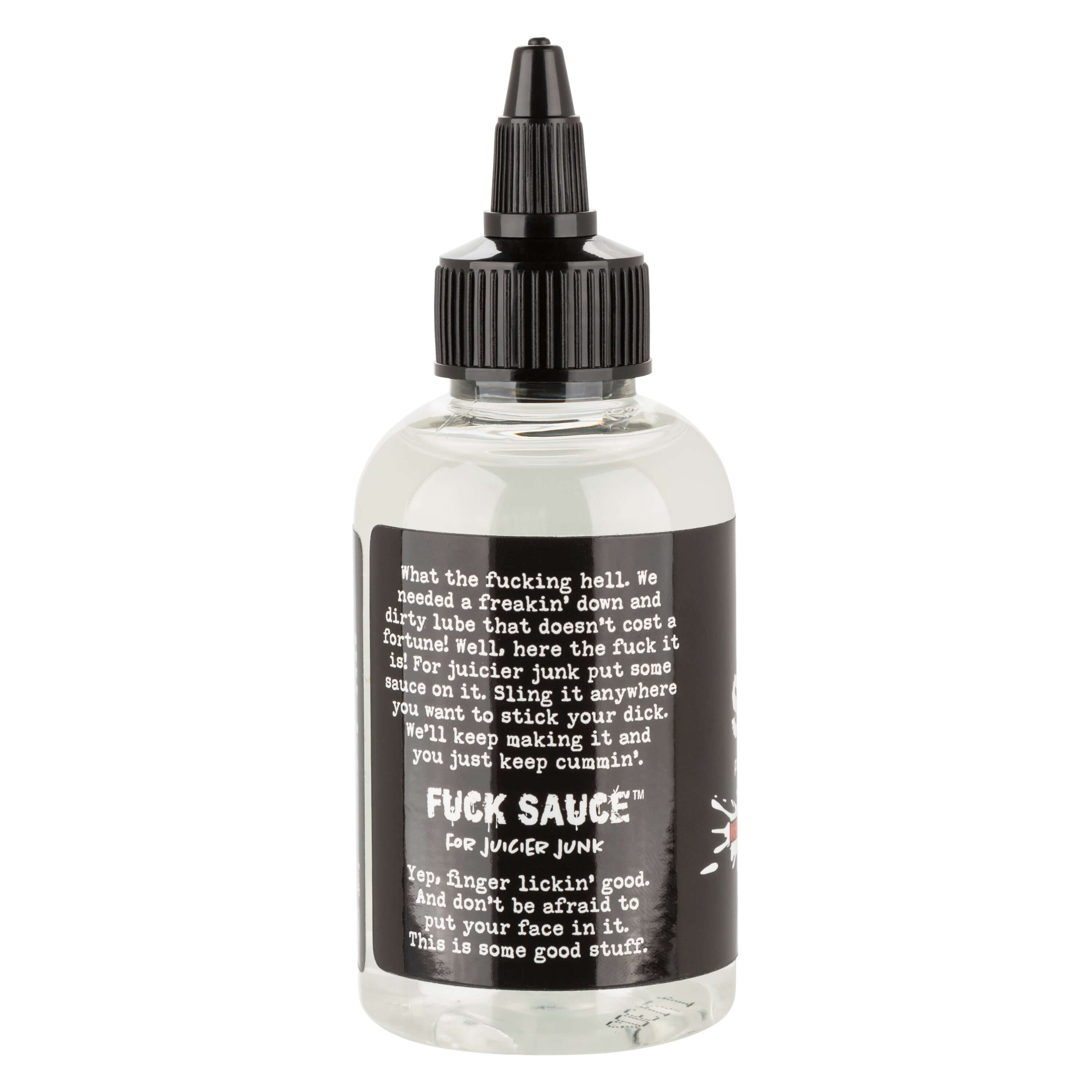 Fuck Sauce Water-Based Lubricant 4 Oz bottle with black label and nozzle for easy application.