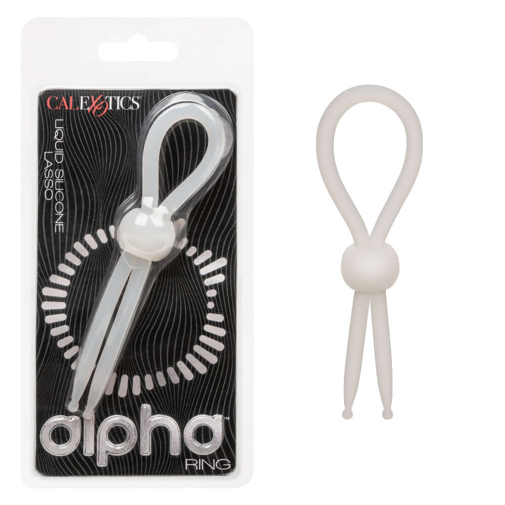 Alpha Liquid Silicone Lasso in packaging and product shown separately, ideal enhancer for intimate control and comfort.