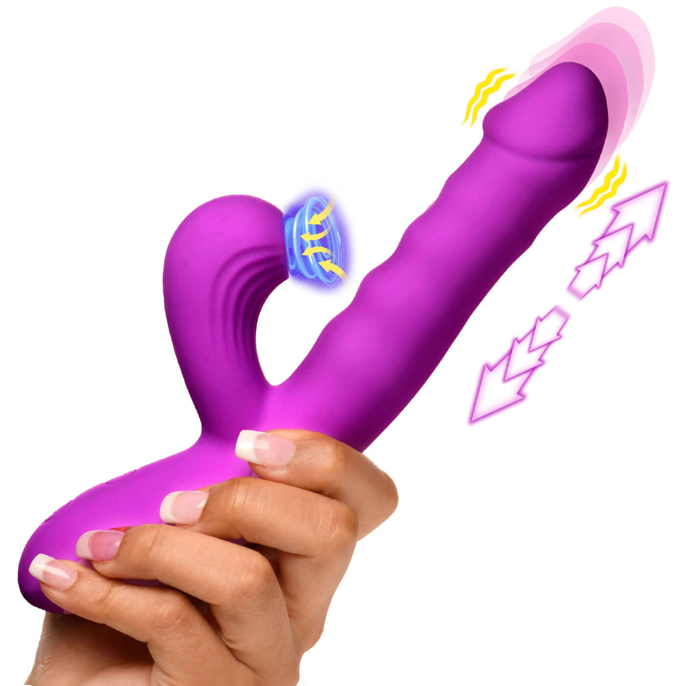 Thrust Wave Thrusting and Sucking Rabbit Vibrator in Purple held by hand showing ribbed shaft and vibrating, thrusting features