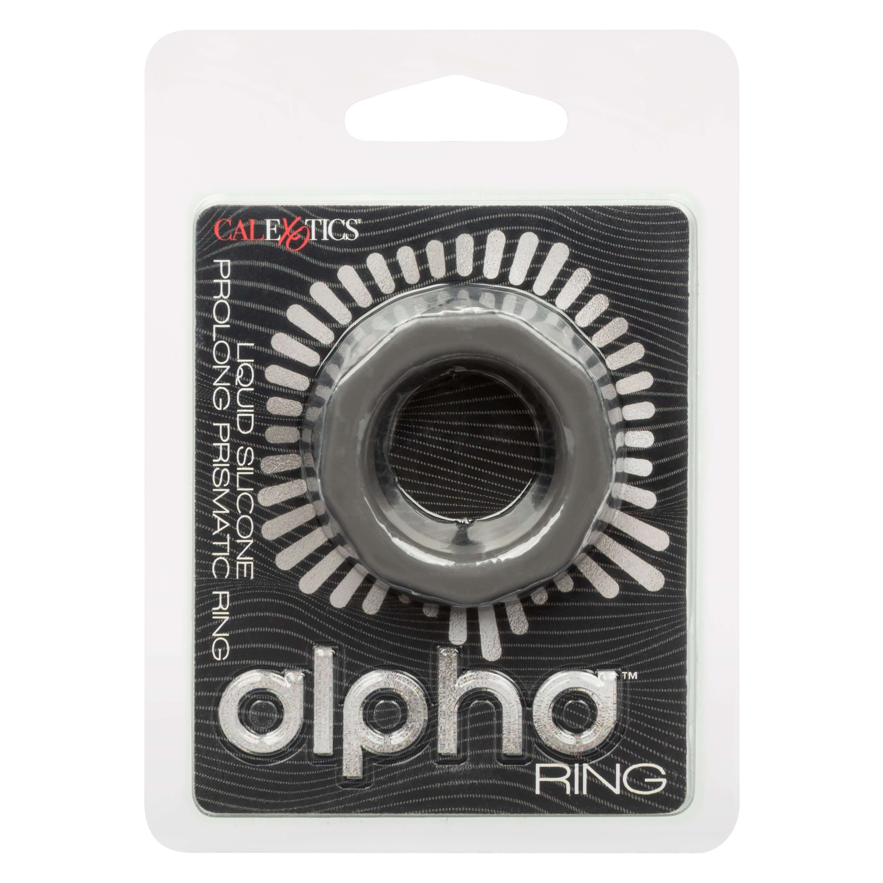 Alpha Liquid Silicone Prolong Prismatic Ring Gray packaging with a sleek design and premium quality.