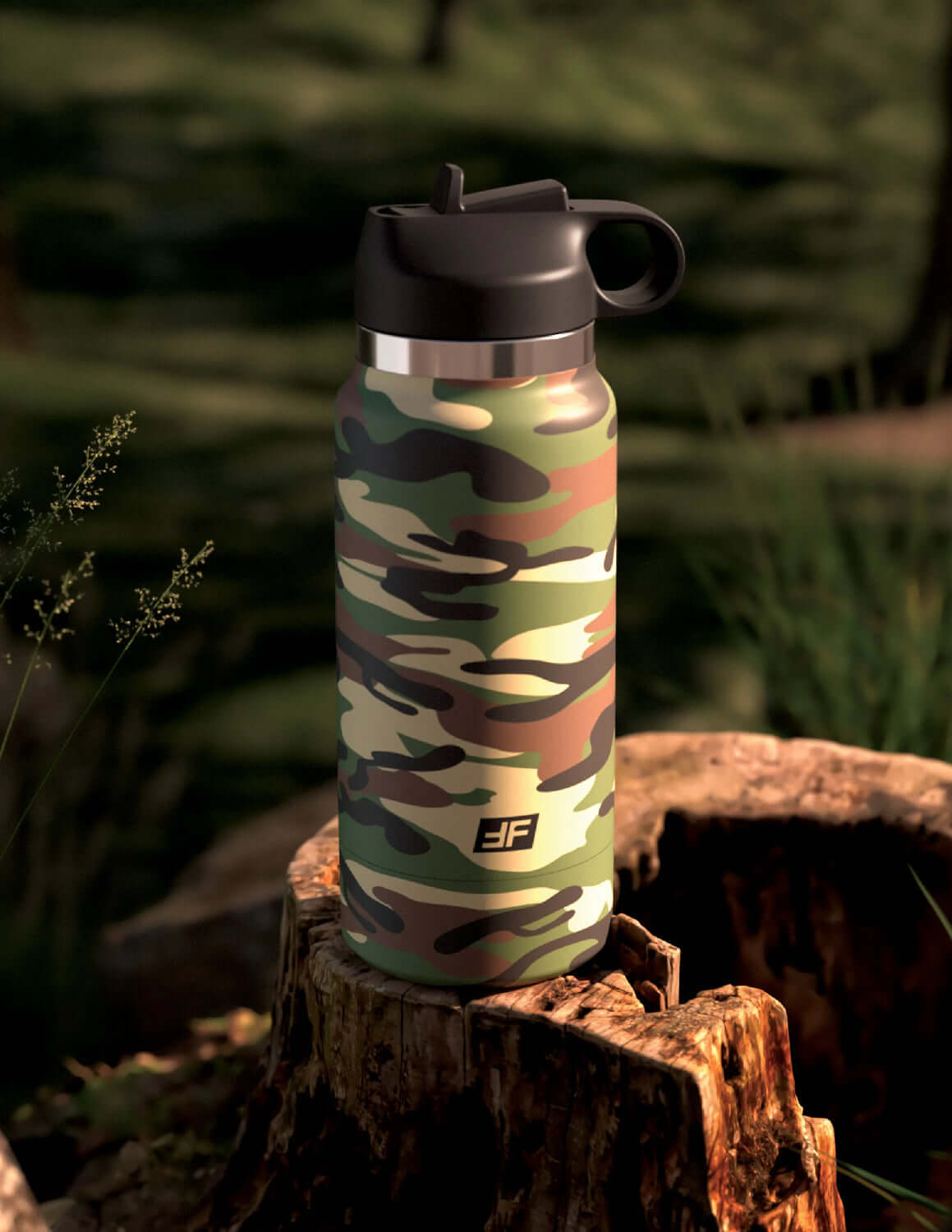 Camo patterned Fap Flask - Happy Camper Masturbator posing as a water bottle, designed for privacy, placed on a tree stump in the outdoors