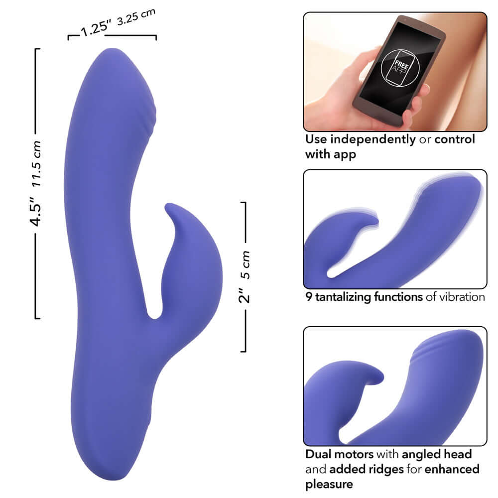 Calexotics Connect Dual Stimulator in periwinkle with dimensions, shown with app control, vibration functions, and dual motors for enhanced pleasure