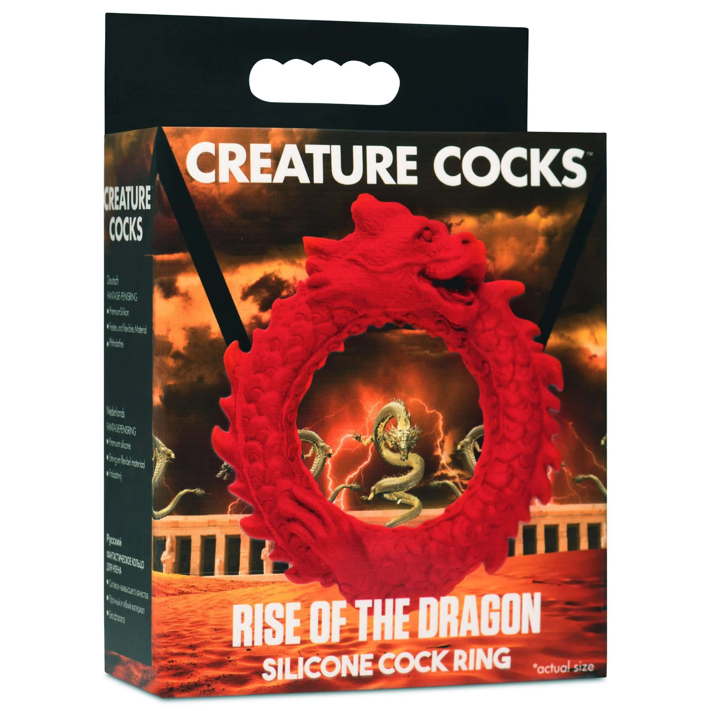 Rise of the Dragon Silicone Cock Ring in red packaging with dragon design enhancing playtime, fits shaft and under balls.