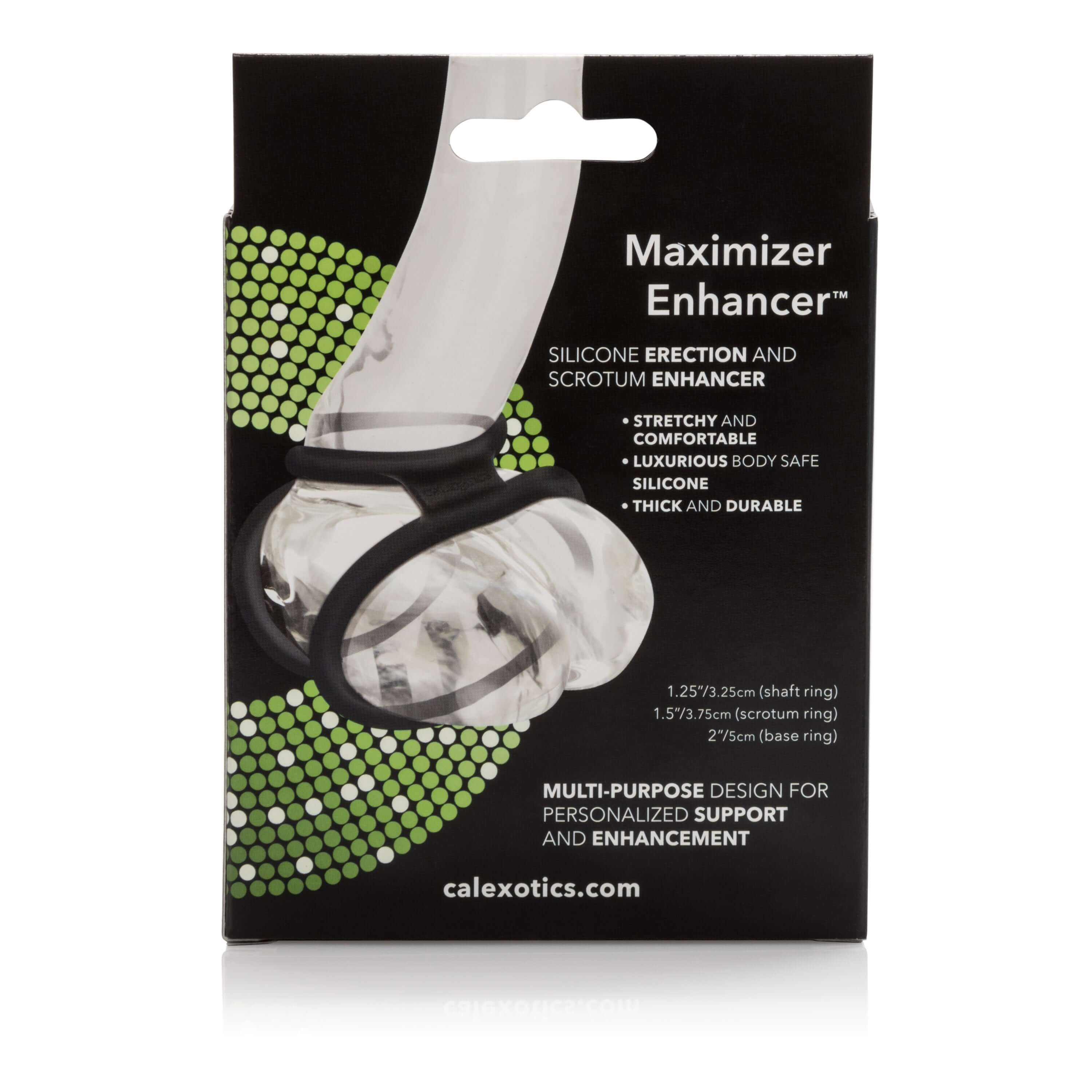 Maximizer Enhancer Silicone Cock Ring Black packaging showcasing its features and design for enhanced support and comfort.