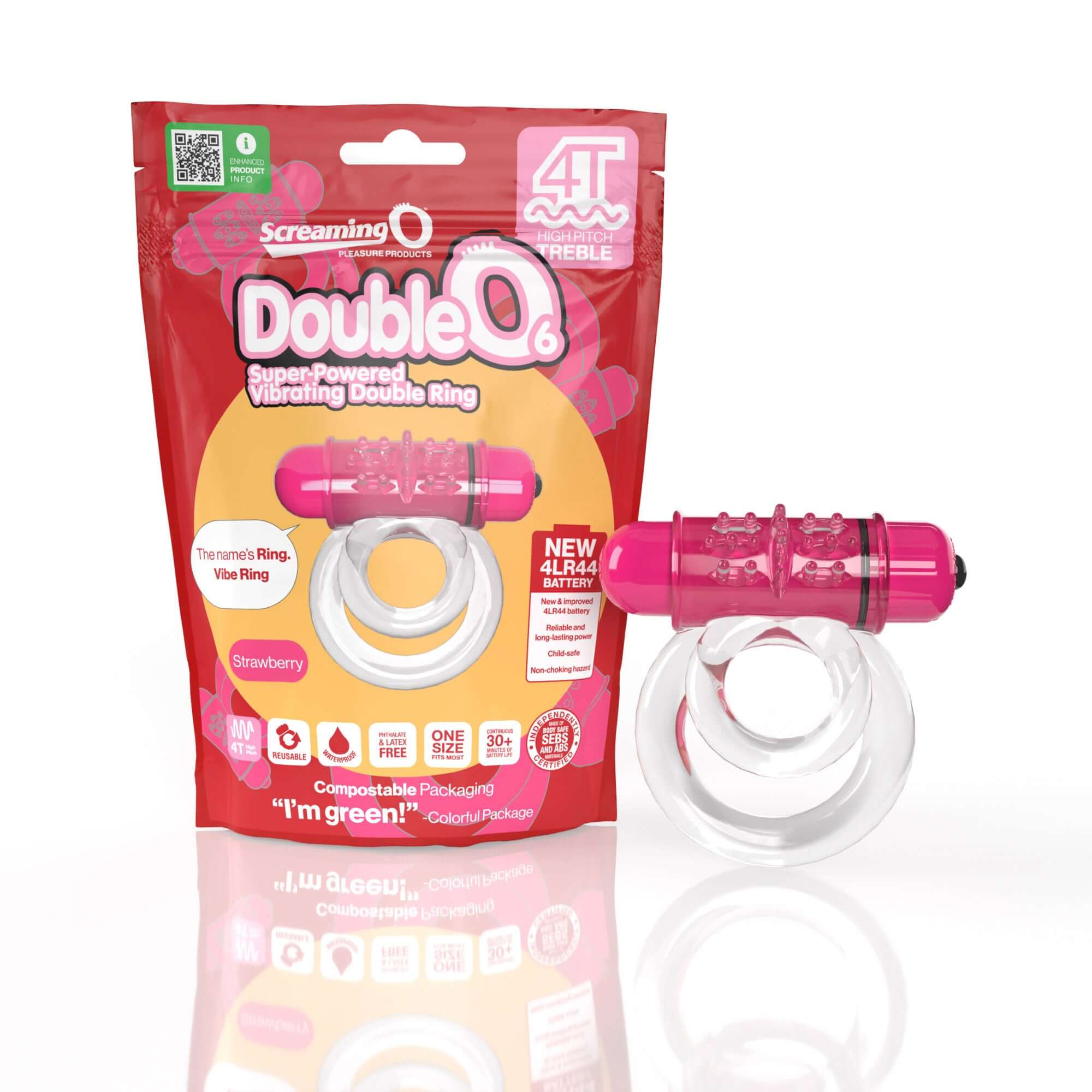 Screaming O 4T Double O 6 Super Powered Ring Strawberry package and product displayed on a reflective surface.
