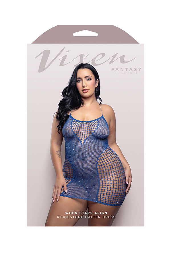 When Stars Align Rhinestone Halter Dress - Queen - Blue-0