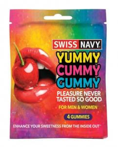 Yummy Cummy Gummy 4 Pc Packet packaging featuring vibrant colors and playful design, suitable for parties and adult-themed events.