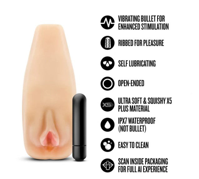 Enlust Sabrina Male Masturbator With Bullet Vibrator Beige, featuring ribbed design and vibrating bullet for enhanced stimulation.