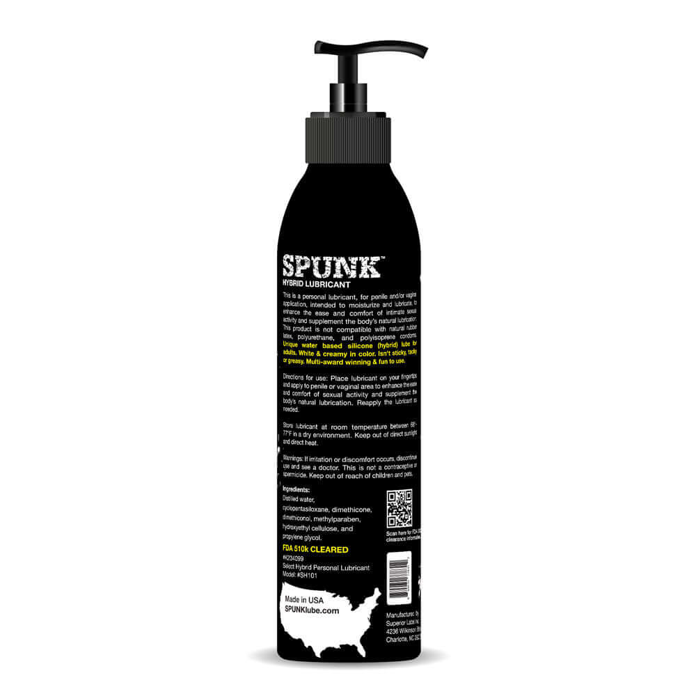 Spunk Lube Hybrid Pump 4 Oz Bottle featuring easy pump design and premium lubricant for enhanced comfort and glide.