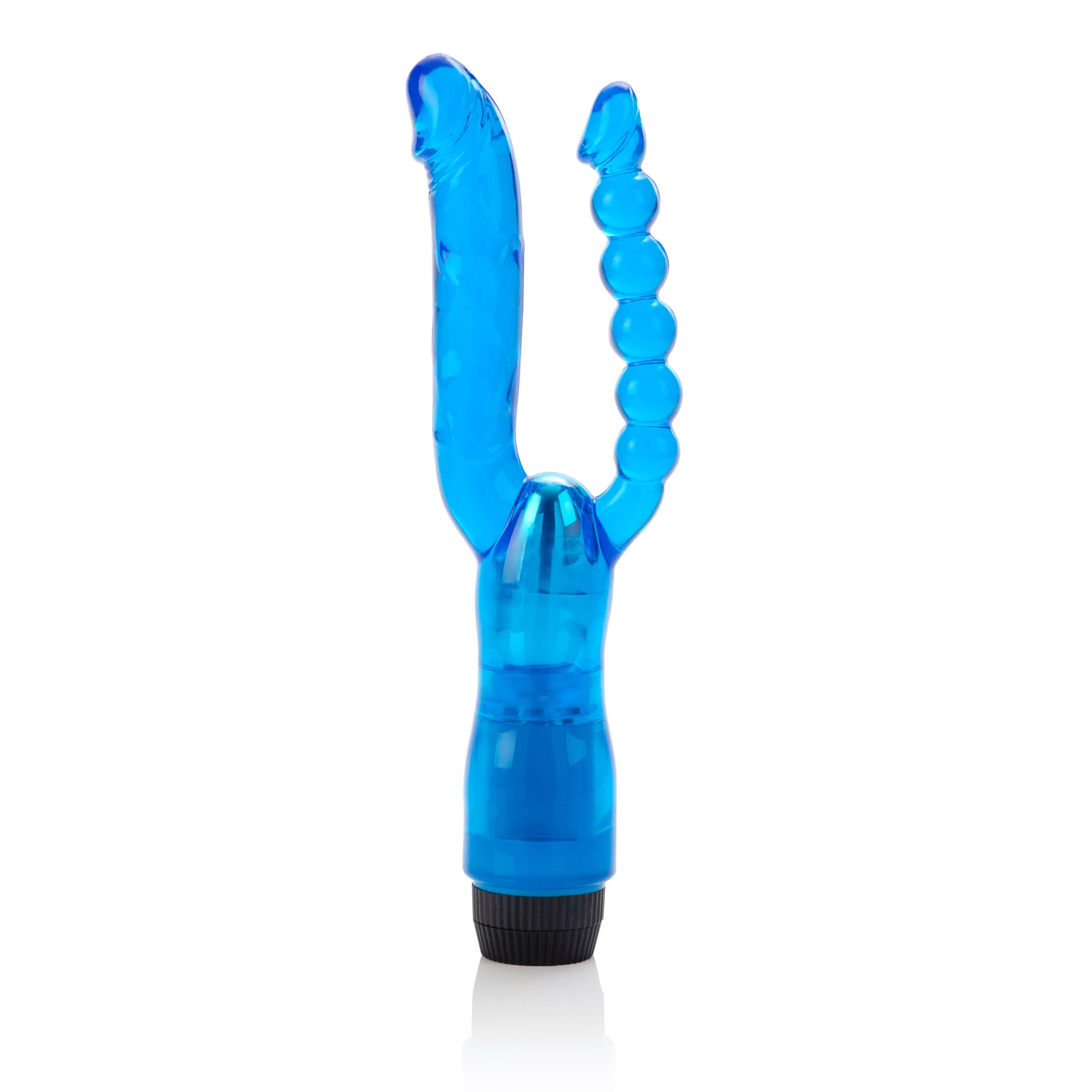 Dual Penetrator Flexible Vibrator Blue showcasing its dual-action design and flexible anal beads for enhanced pleasure.
