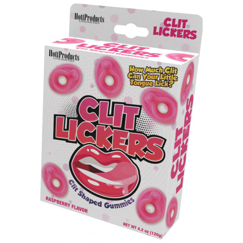 Clit Lickers Gummies Raspberry Flavors 4.2 Oz packaging featuring playful clit-shaped gummies.
