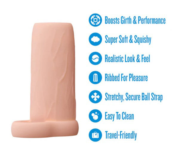 Performance 3.5 Inch Enhancement Penis Sleeve Beige, features soft realistic feel, ribbed texture, and ball strap for secure fit.