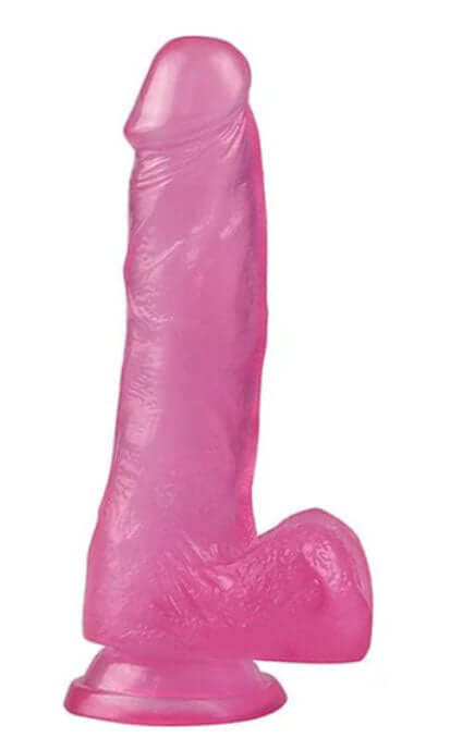 Get Lucky 9 Inch Jelly Dong Pink, a lifelike dildo with a veined shaft and wide suction base.