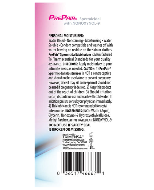 Pre Pair Spermicidal Lube 4.5 Oz Water Based product label with ingredients and usage instructions.