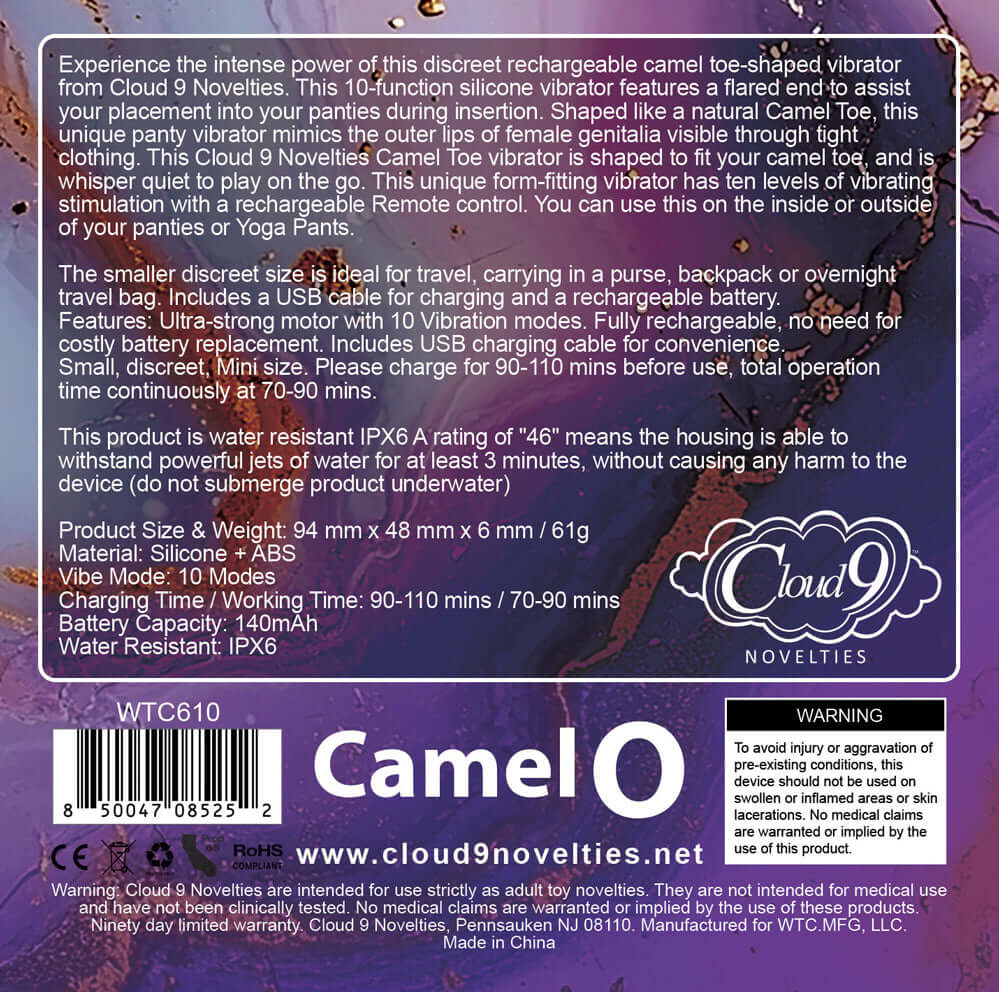 Camel Toe Shaped Vibrator With Remote Pink product packaging from Cloud9 Novelties, showcasing features and specifications.