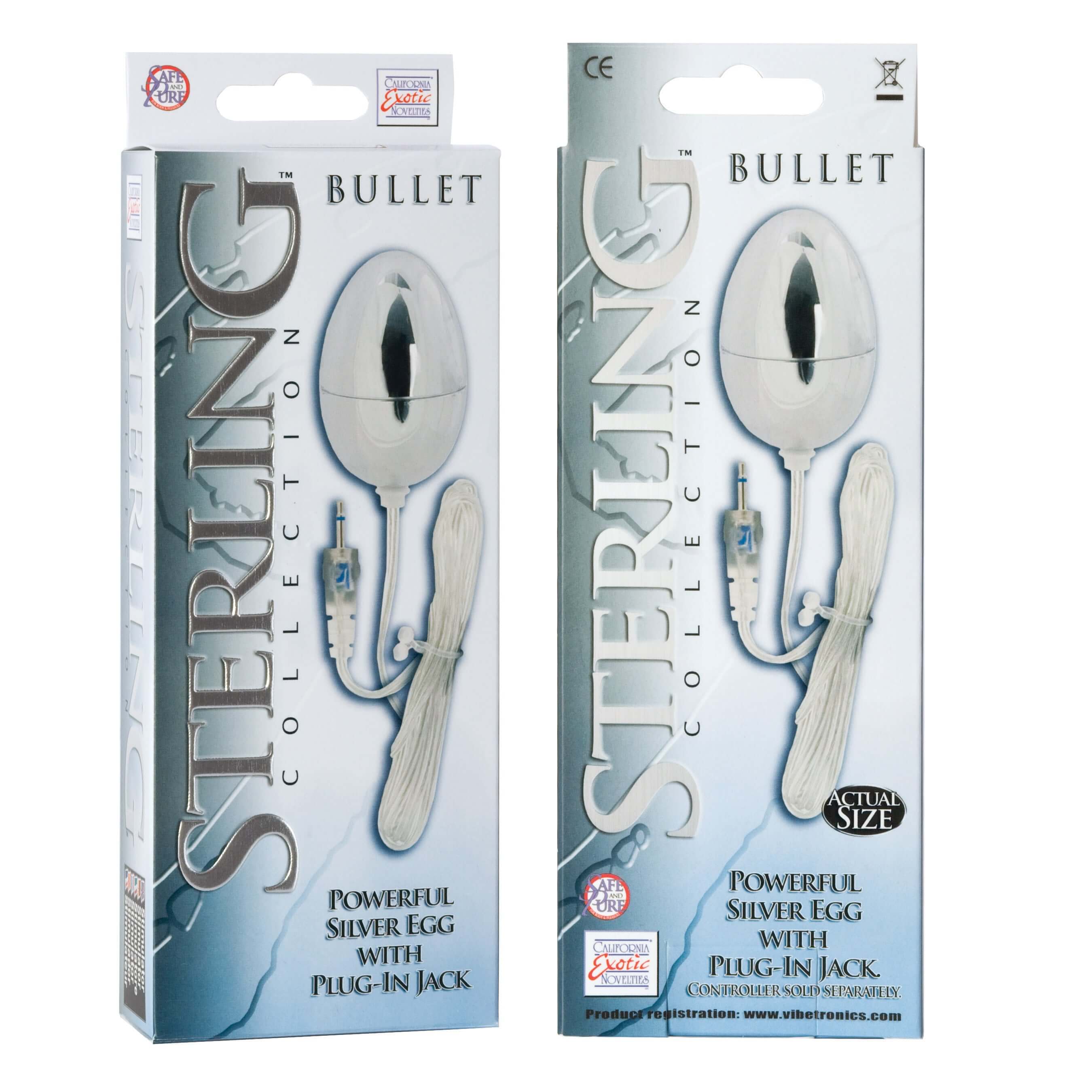 Packaging of Sterling Collection Silver Egg Vibrator with details of powerful silver egg and plug-in jack.