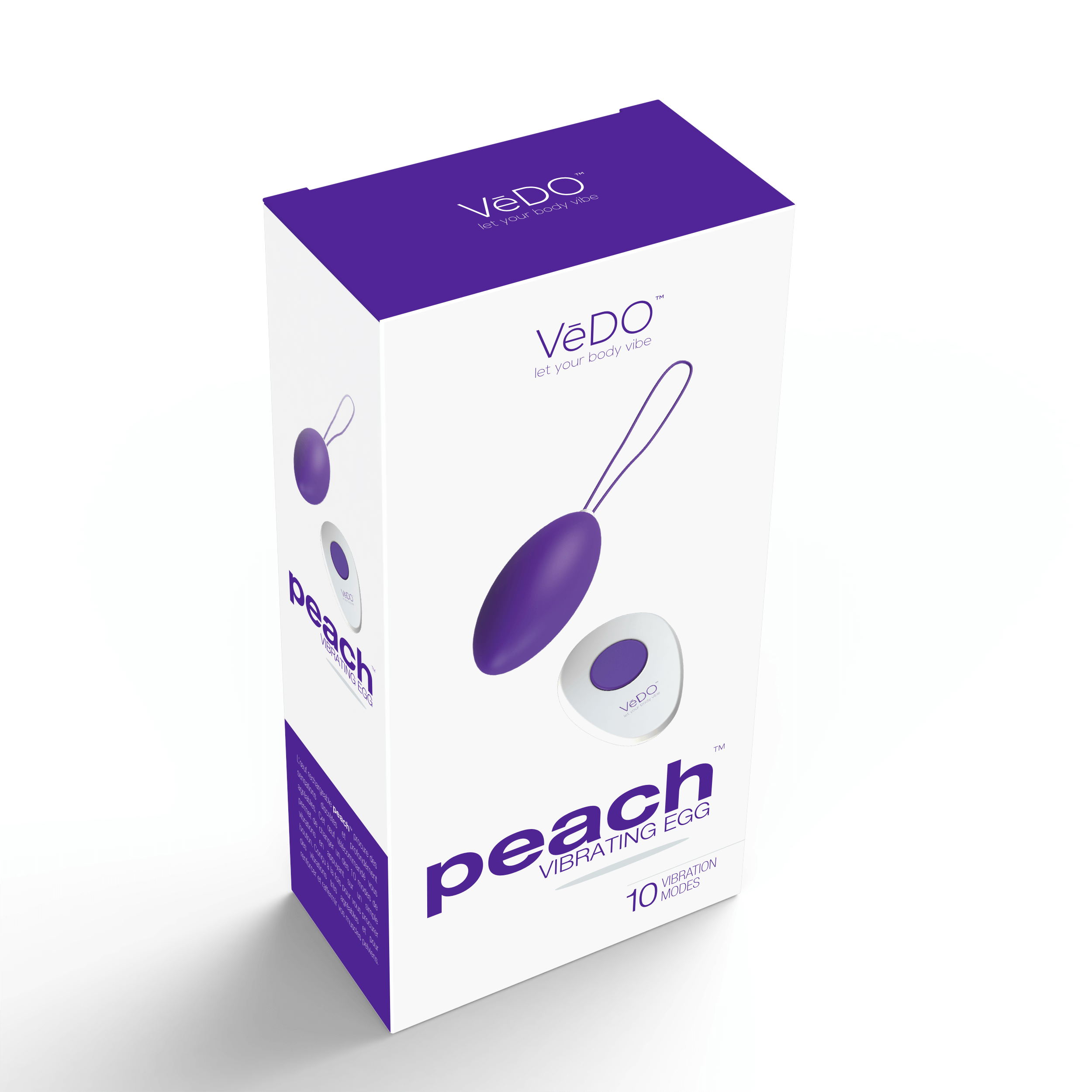 Vedo Peach Vibrating Egg Indigo packaging showcasing sleek design and powerful features.