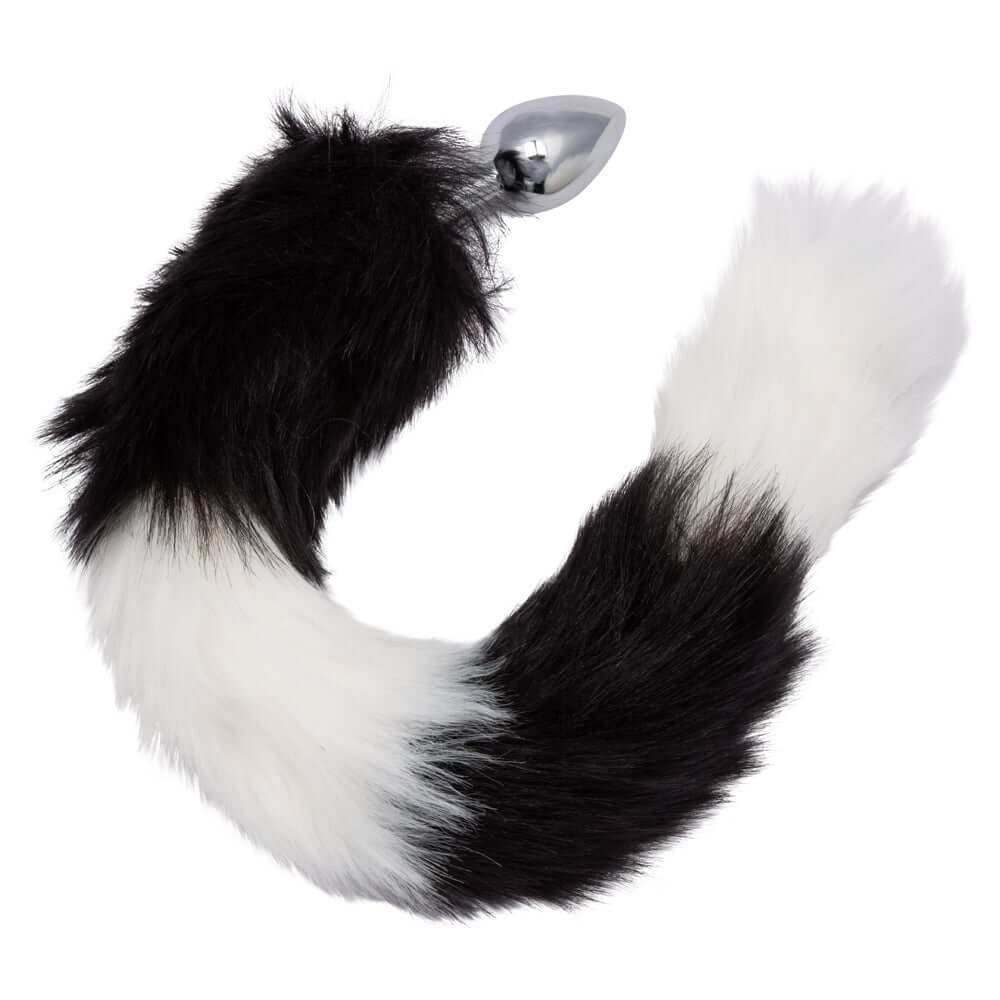 Running Wild Tail Butt Plug Black White featuring a smooth metallic probe and luxurious black and white tail.