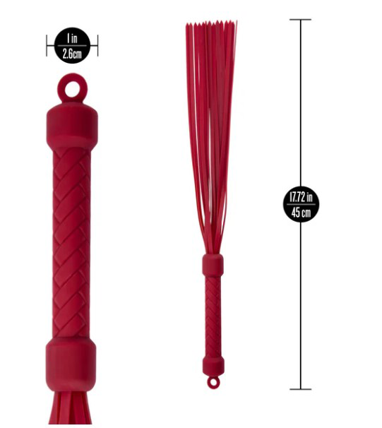 Temptasia Ardor Flogger Red, 17.72 inches long, crafted from body-safe silicone with multiple silky strands for smooth handling.