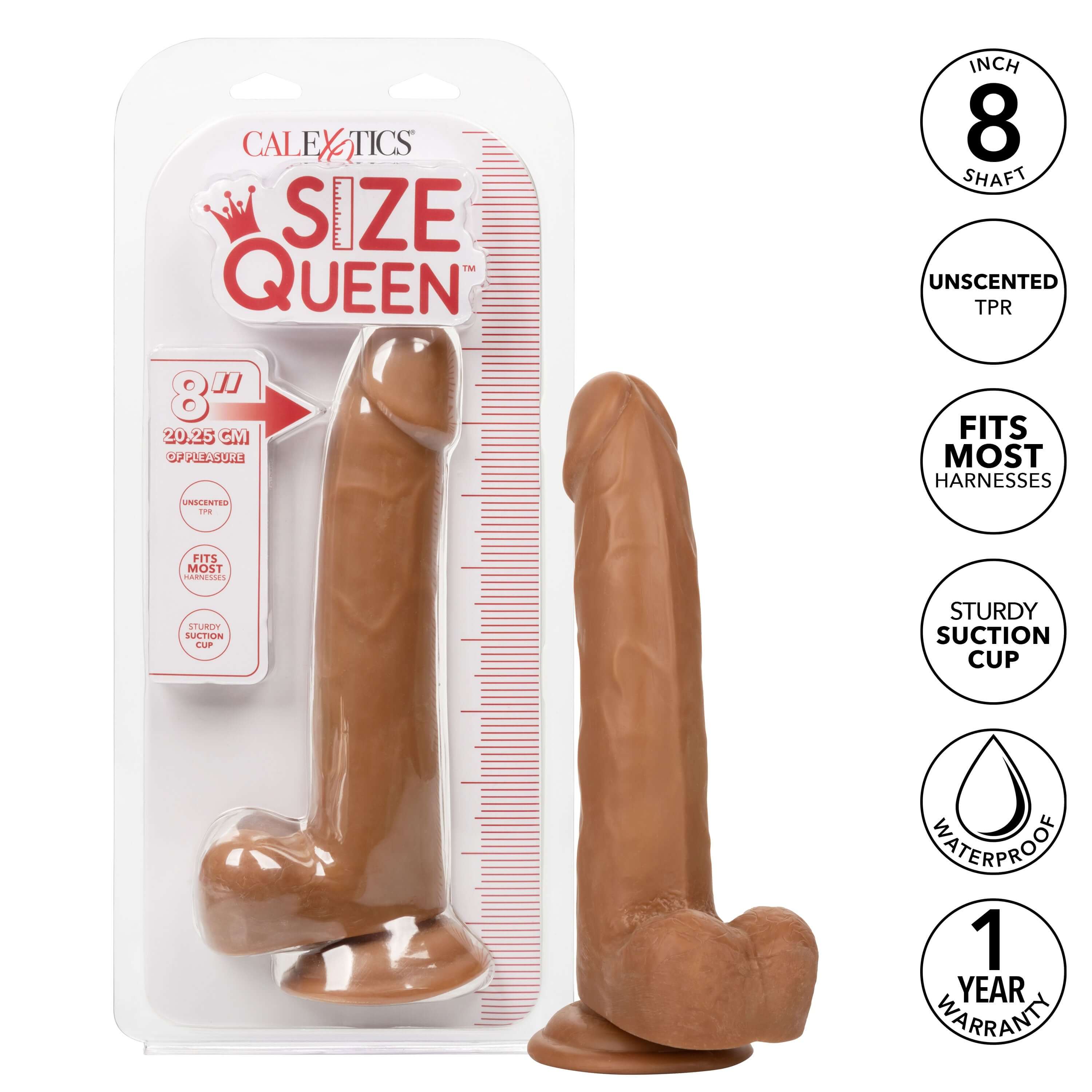 Size Queen Dildo 8 inches Brown in packaging, made from unscented TPR, with sturdy suction cup and fits most harnesses.