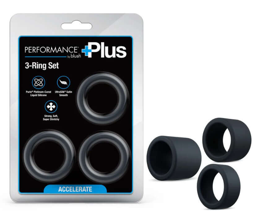 Performance Plus Accelerate Cock Ring Set Black packaging with three silicone rings for customizable fit and performance support.
