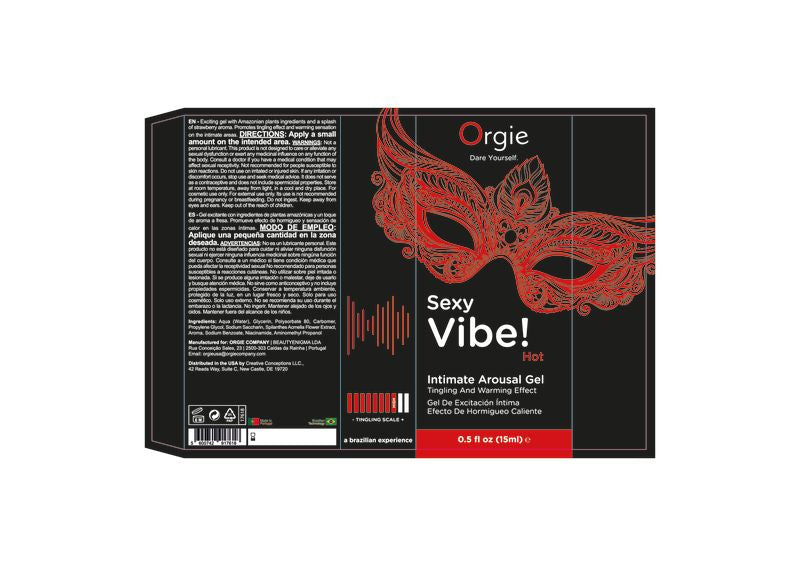 Orgie Sexy Vibe Hot Intimate Arousal Gel 15 ml packaging featuring a decorative mask design.