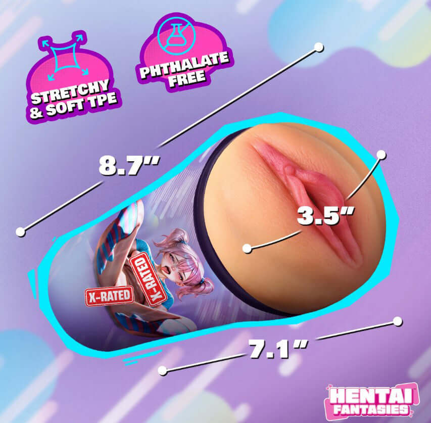 Haruka the Gamer Girl Pussy Masturbator Beige with stretchy TPE material and dimensions of 8.7" length and 3.5" width.