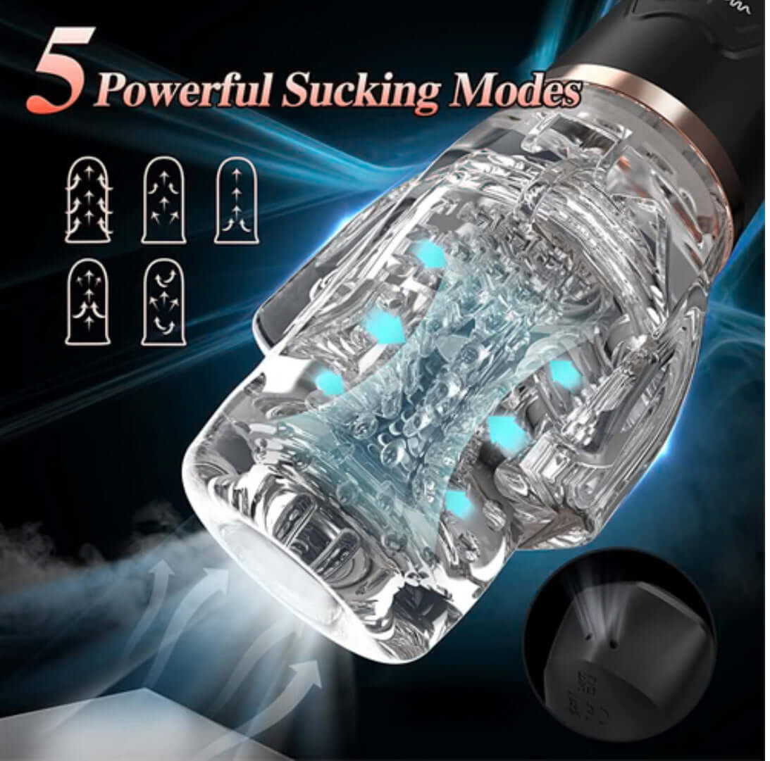 The Male Rose 2 Vibrating Stroker with 5 powerful sucking modes and transparent design showing internal motors