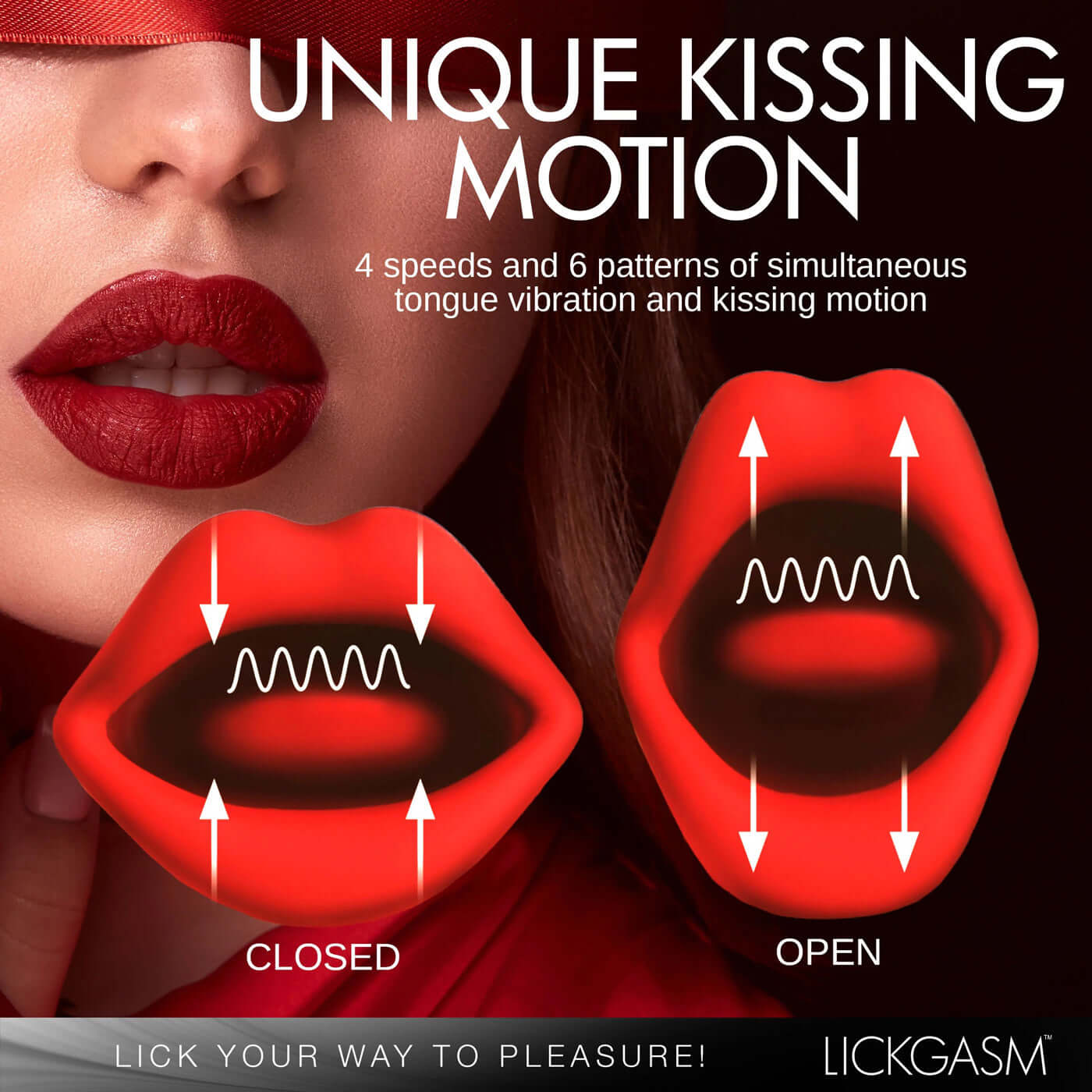 Lickgasm Kiss and Tell Mini Clitoral Stimulator displaying unique kissing motion with 4 speeds and 6 patterns of tongue vibration and kissing motion