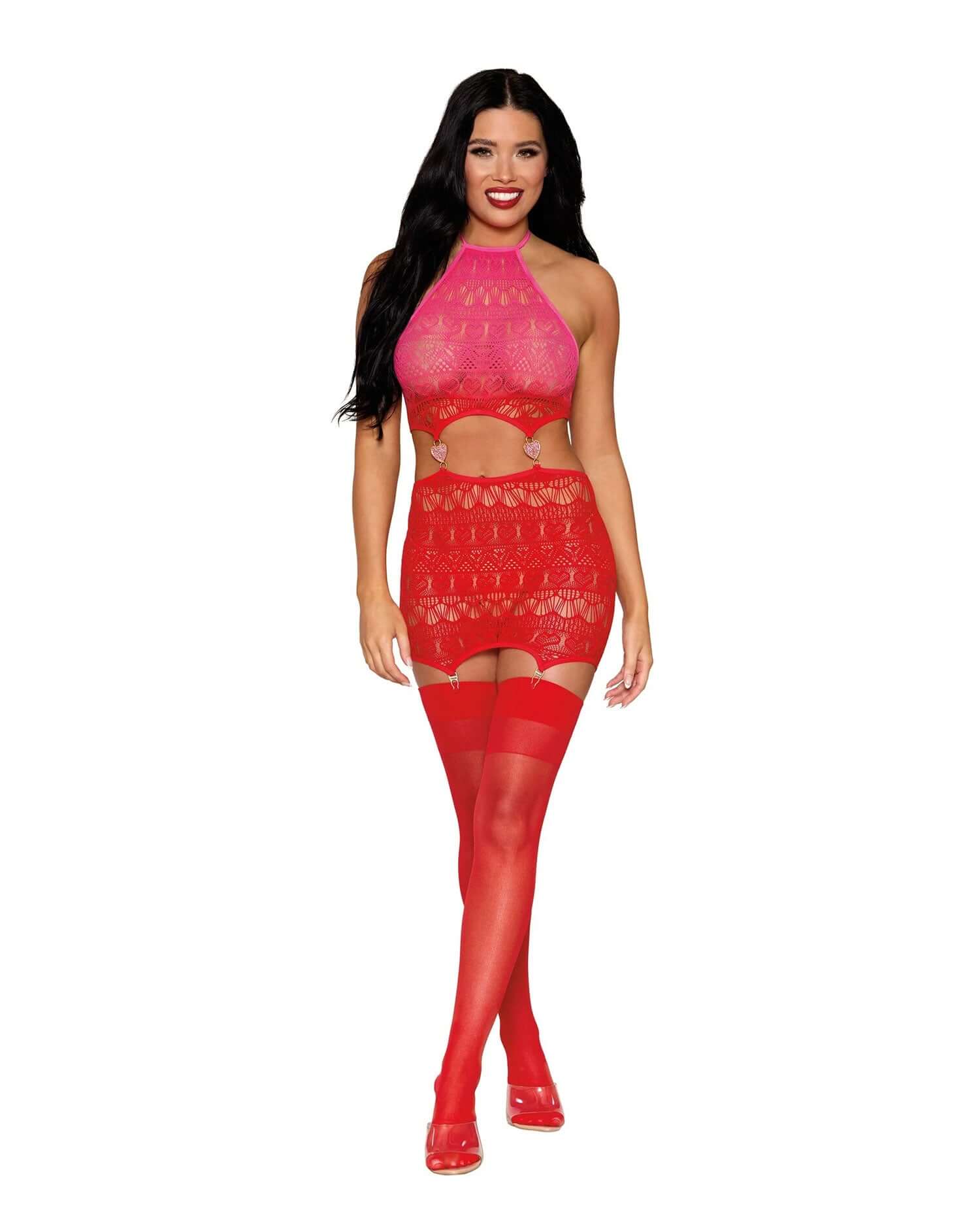 Woman wearing Dreamgirl red garter slip with lace details and matching stockings