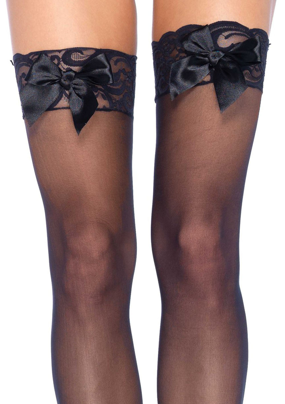 Sheer Lace Top Thigh Highs With Satin Bow Accent - One Size - Black-0