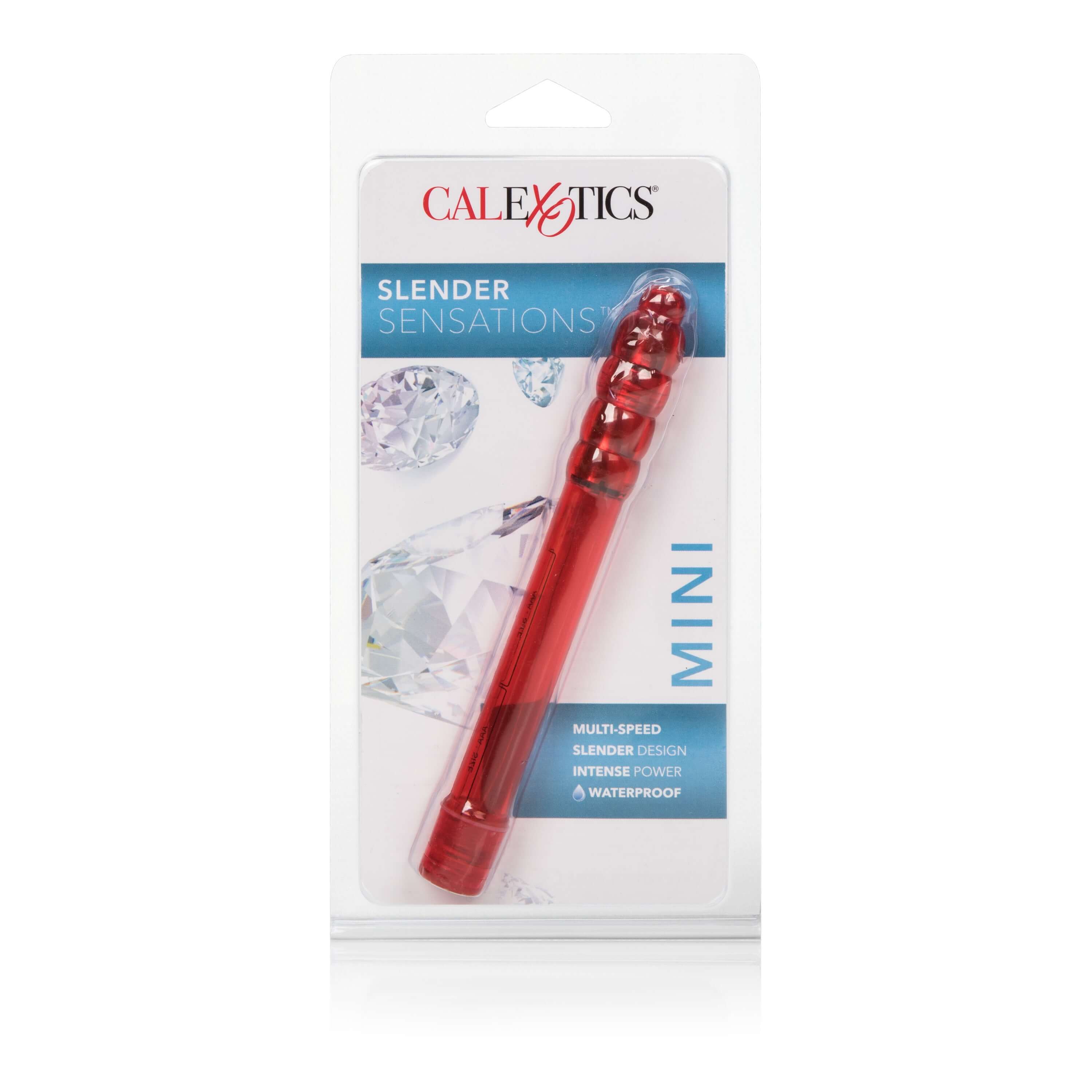 Slender Sensations Mini Vibrator Red in packaging with waterproof and multi-speed features highlighted.