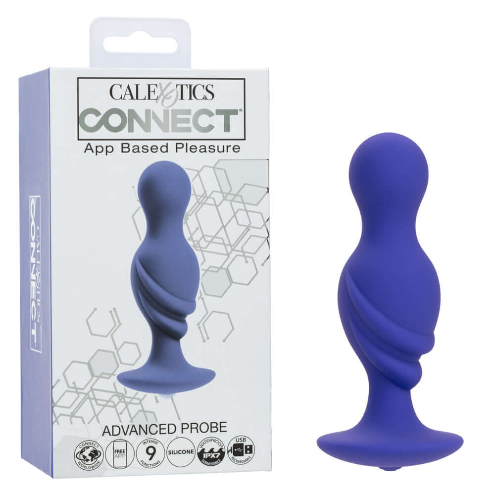 Calexotics Connect Advanced Probe Purple in packaging showcasing its ergonomic design and app-based features.