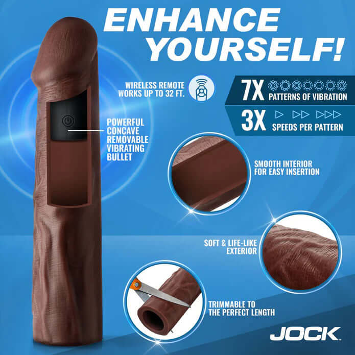 Jock Vibrating Penis Extension with Remote Dark showcasing features like wireless remote, multiple vibration patterns, and trim options.