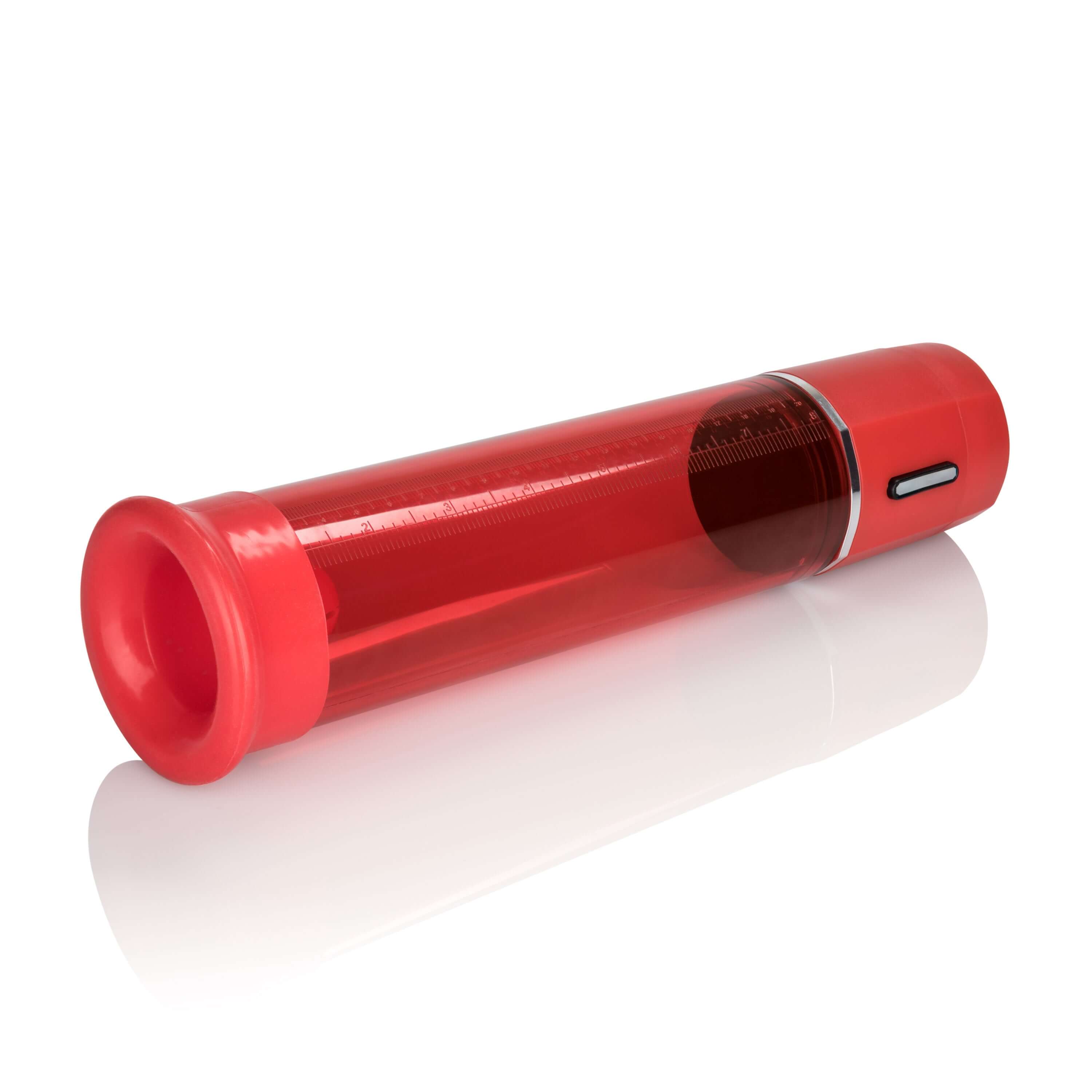 Advanced Firemans Penis Pump Red displayed on a white surface, showcasing its automatic vacuum design and vibrant color.