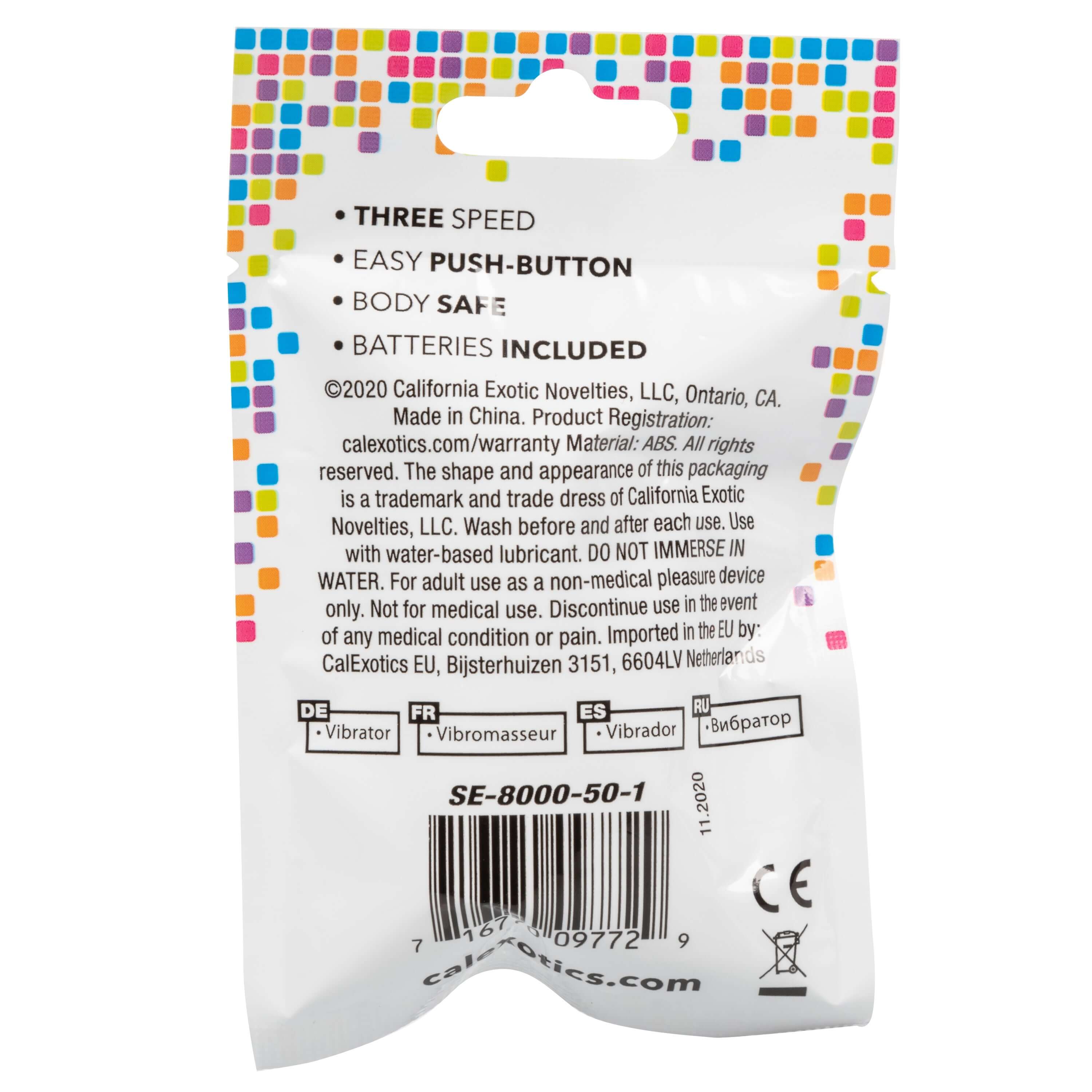 Back packaging of Foil Pack 3 Speed Bullet Vibrator Pink showing features, instructions, and safety information.
