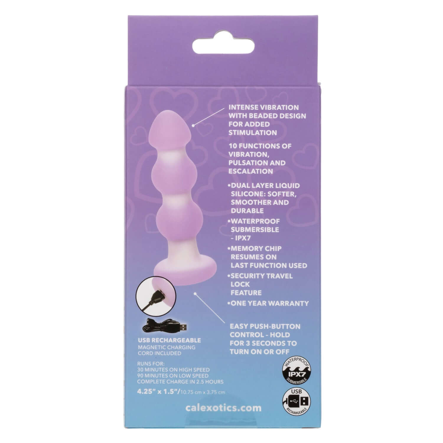 Lavender Haze Beaded Anal Probe packaging showcasing features like intense vibration, dual-layer liquid silicone, and USB rechargeable option