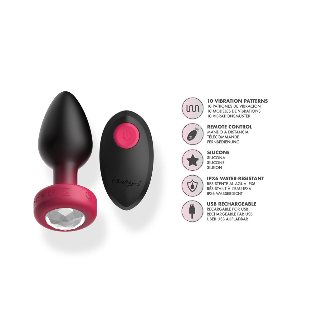 Cheeky Charms Eluxe Vibrating Anal Plug Ruby with remote control and sparkling jeweled base, featuring 10 vibration patterns.