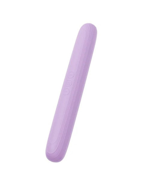 Play With Me Silicone Double Ended Vibrator Purple in a sleek design, featuring buttons for customizable vibration settings.