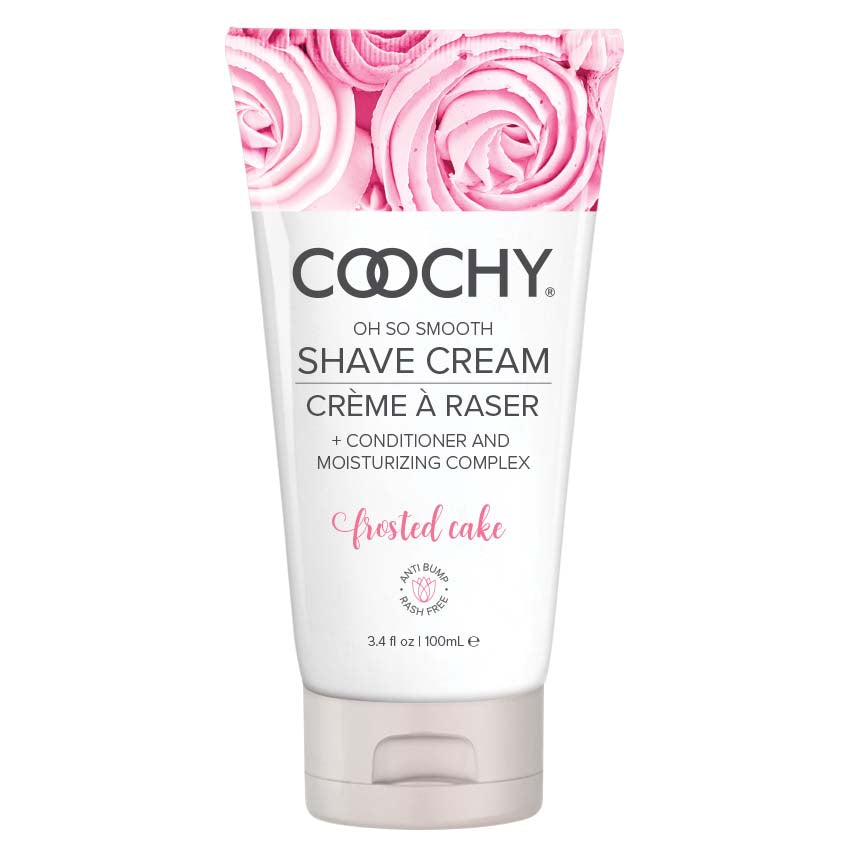 Coochy Shave Cream Frosted Cake 3.4 Oz packaging featuring pink frosting and moisturizing formula for a smooth shave.