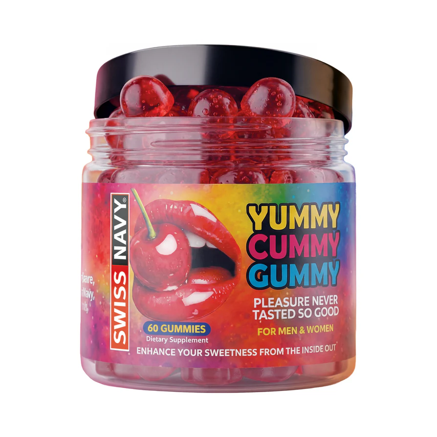 Yummy Cummy Gummy 60 count dietary supplement jar with gummy candies inside.