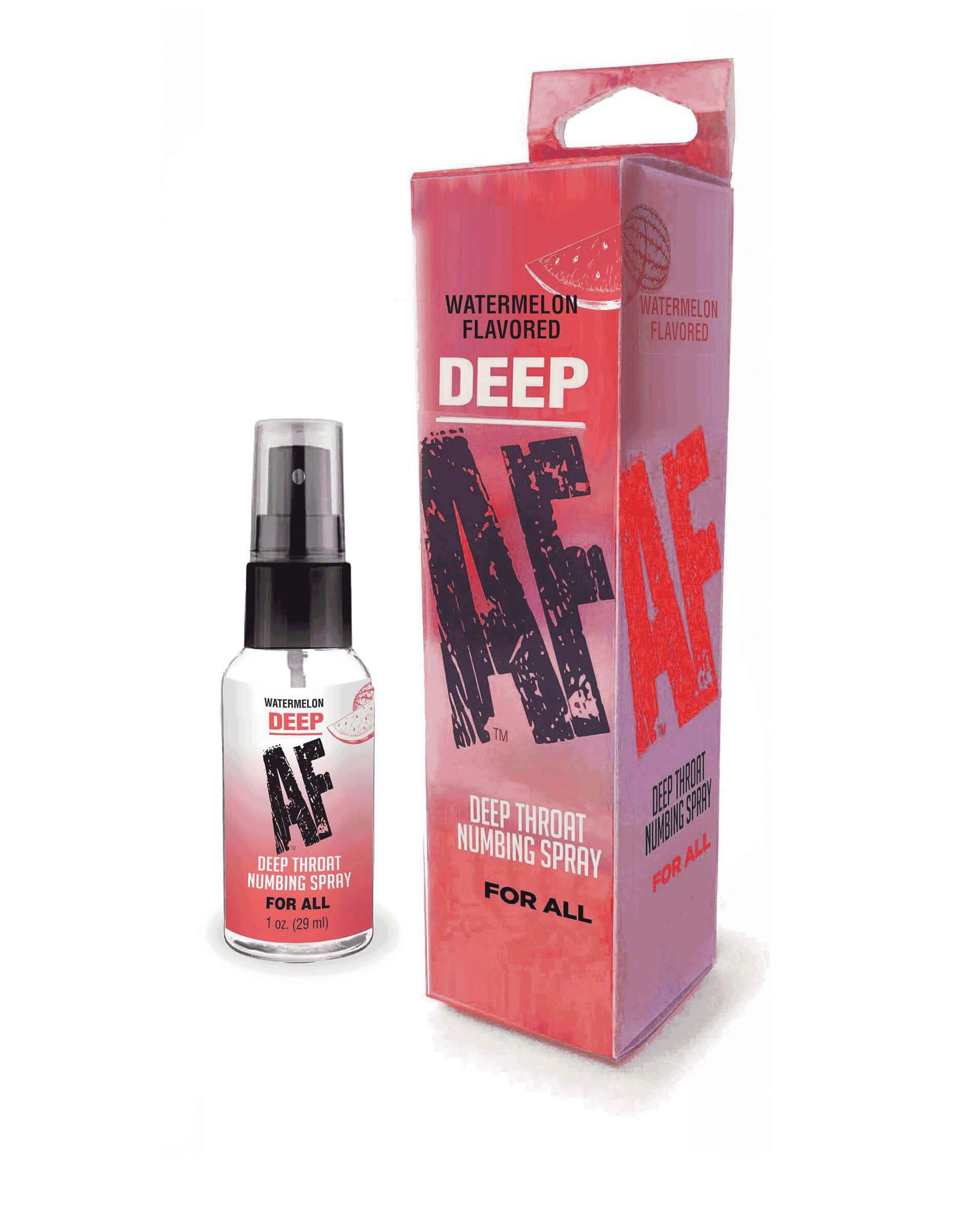 Deep AF Watermelon Flavored Throat Numbing Spray 1 Oz bottle and packaging for reducing gag reflex during oral sex.