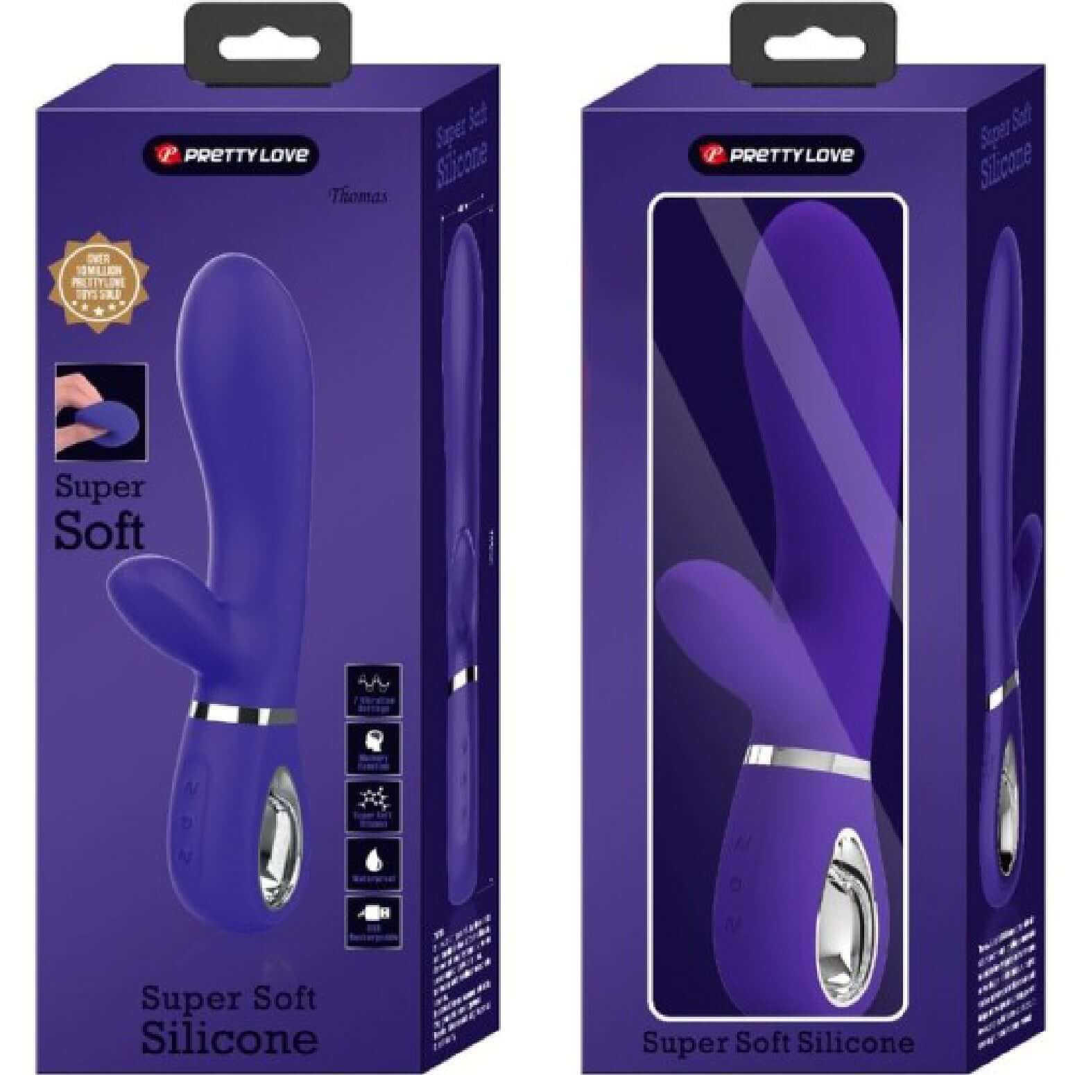 Purple Thomas Super Soft Silicone Rabbit Vibrator in packaging showing sleek design and curved shape