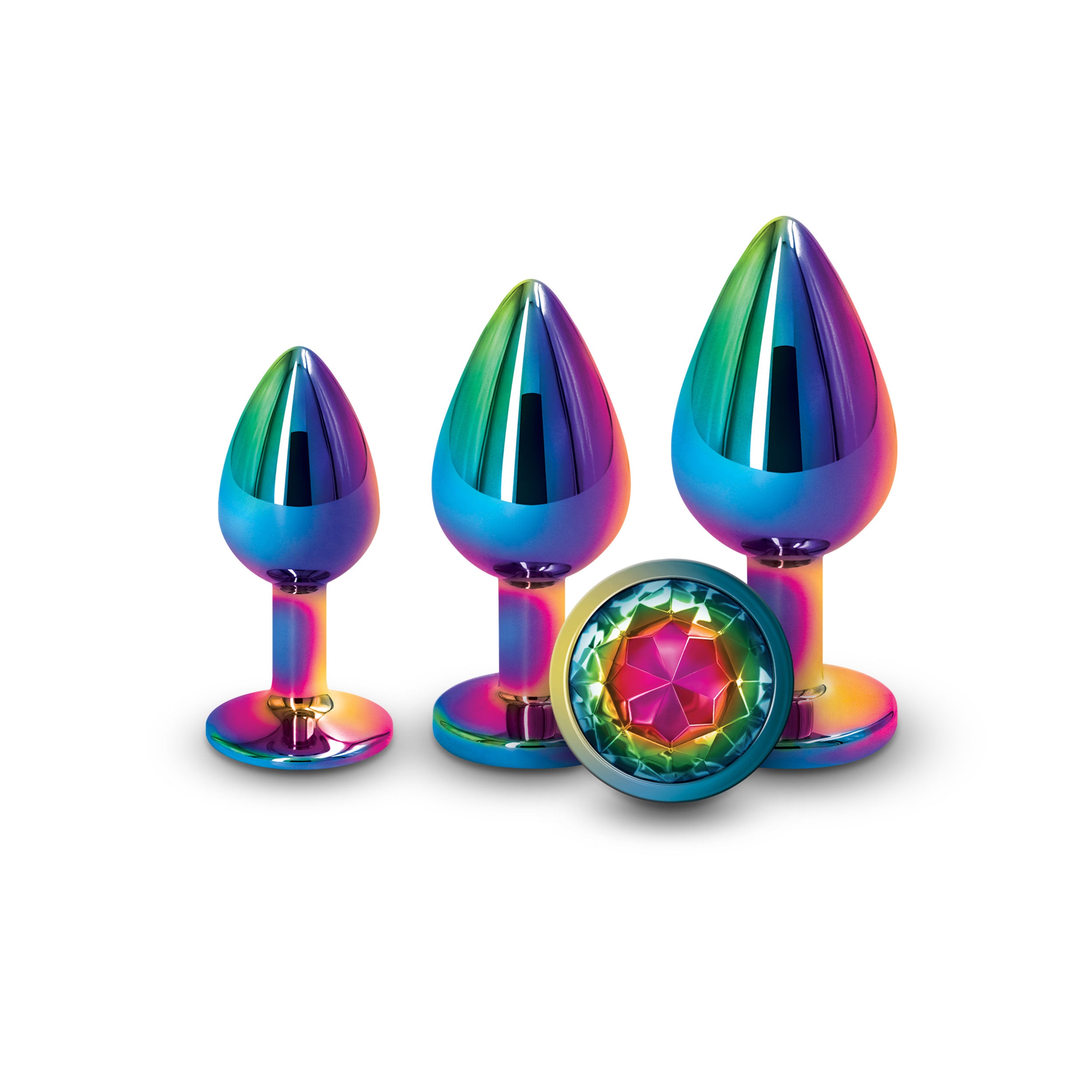 Rear Assets Trainer Kit Multicolor Rainbow featuring three chrome-plated metal plugs in vibrant colors.