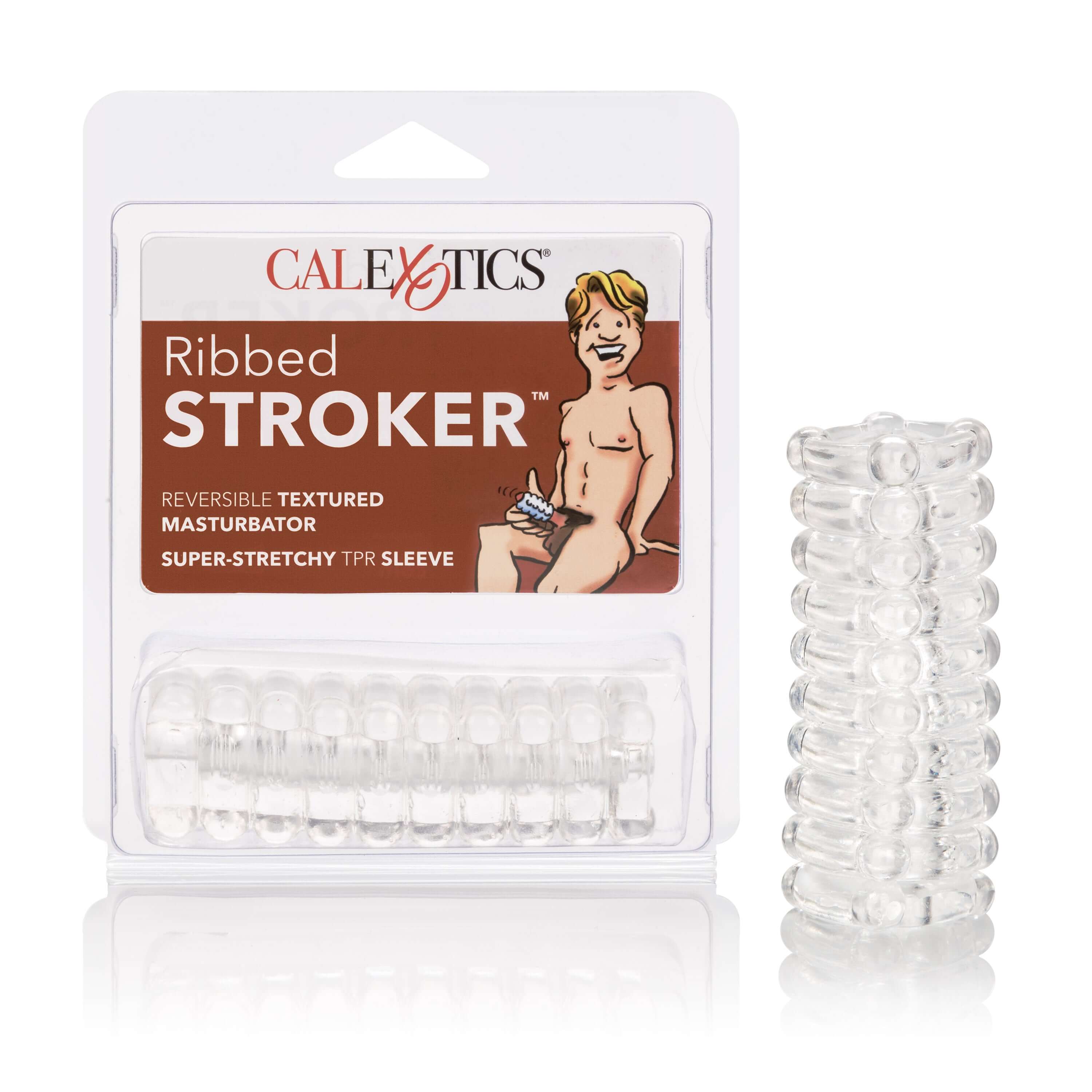 Ribbed Stroker Reversible Masturbator packaging featuring a soft, stretchy pleasure sleeve for customizable sensation.