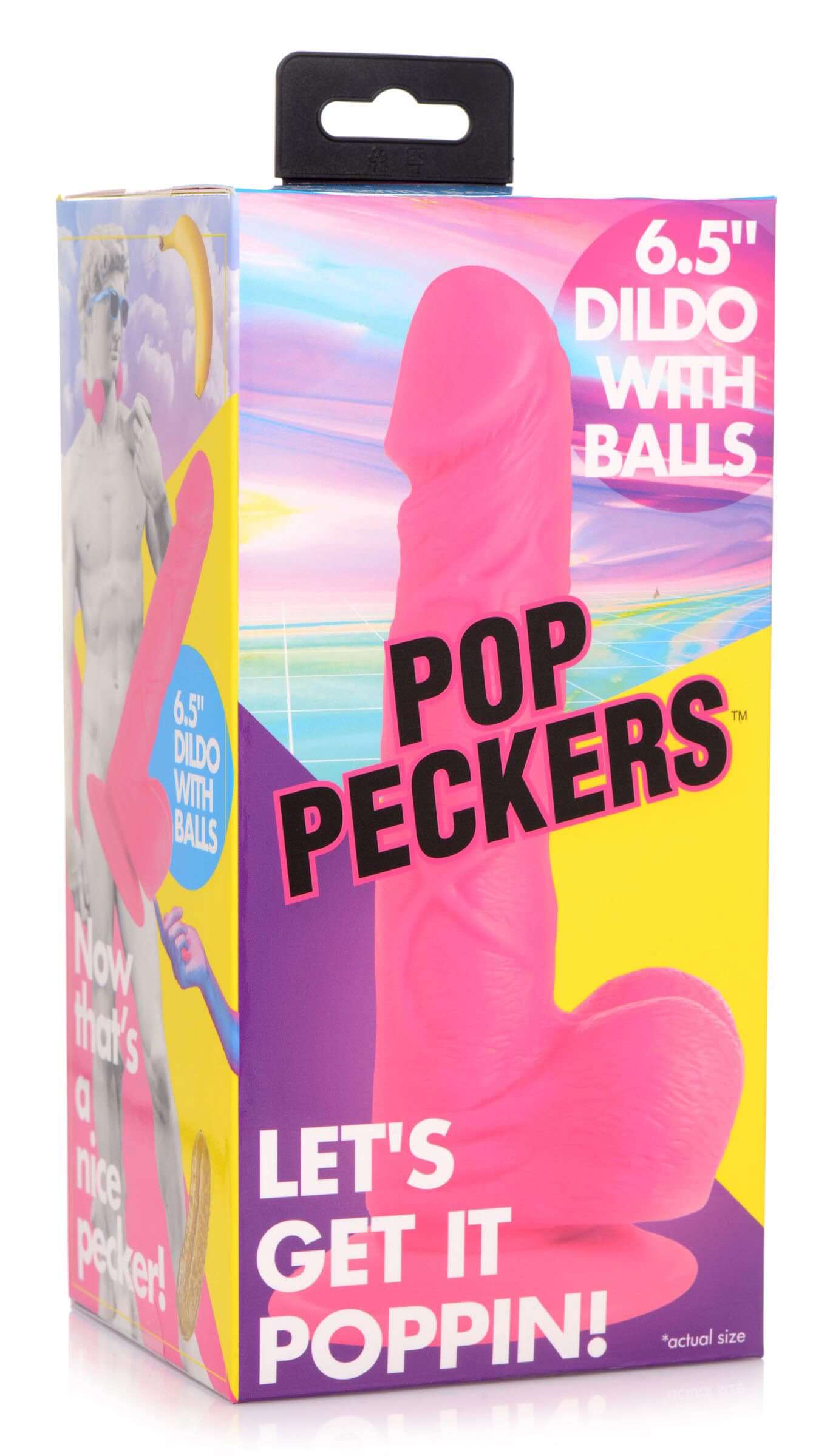 Pop Pecker 6.5 Inch Dildo With Balls Pink packaging featuring a vibrant design and playful text, showcasing its bold style.